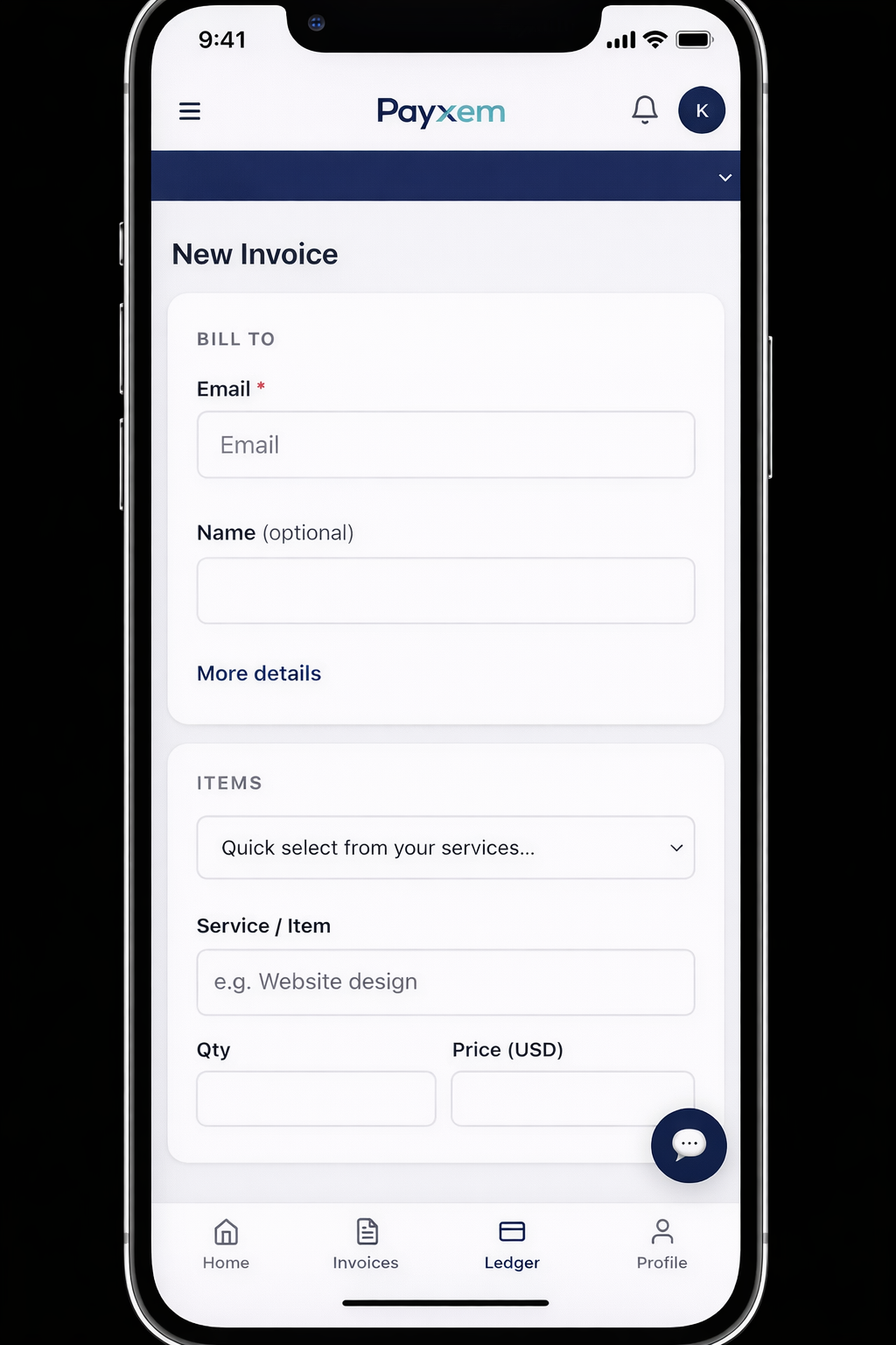Payxem invoice creation screen with line items and payment link